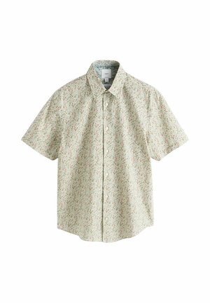 Košeľa s krátkym rukávom na zapínanie na gombíky s jemným kvetinovým vzorom v svetlo zelenej, oranžovej a béžovej farbe na bielom pozadí.