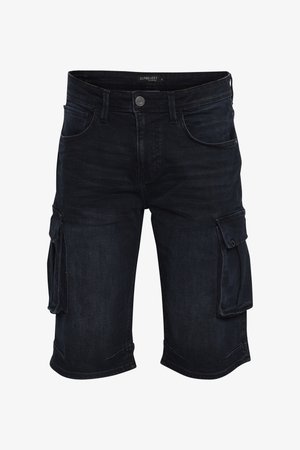 Tummat farkkicargo-shortsit suoran istuvuuden kanssa, joissa on useita sivutaskuja ja napitus. Pintamateriaali on sileä.