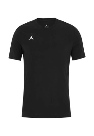 Sort kortærmet t-shirt med rund hals og hvid Jumpman-logo på venstre bryst og indersiden af kraven.