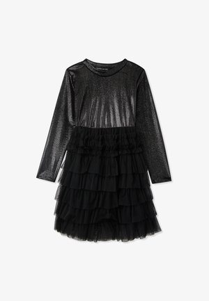 Vestito nero con maniche lunghe, caratterizzato da una parte superiore glitterata e una gonna a balze in tulle, che crea un aspetto strutturato.