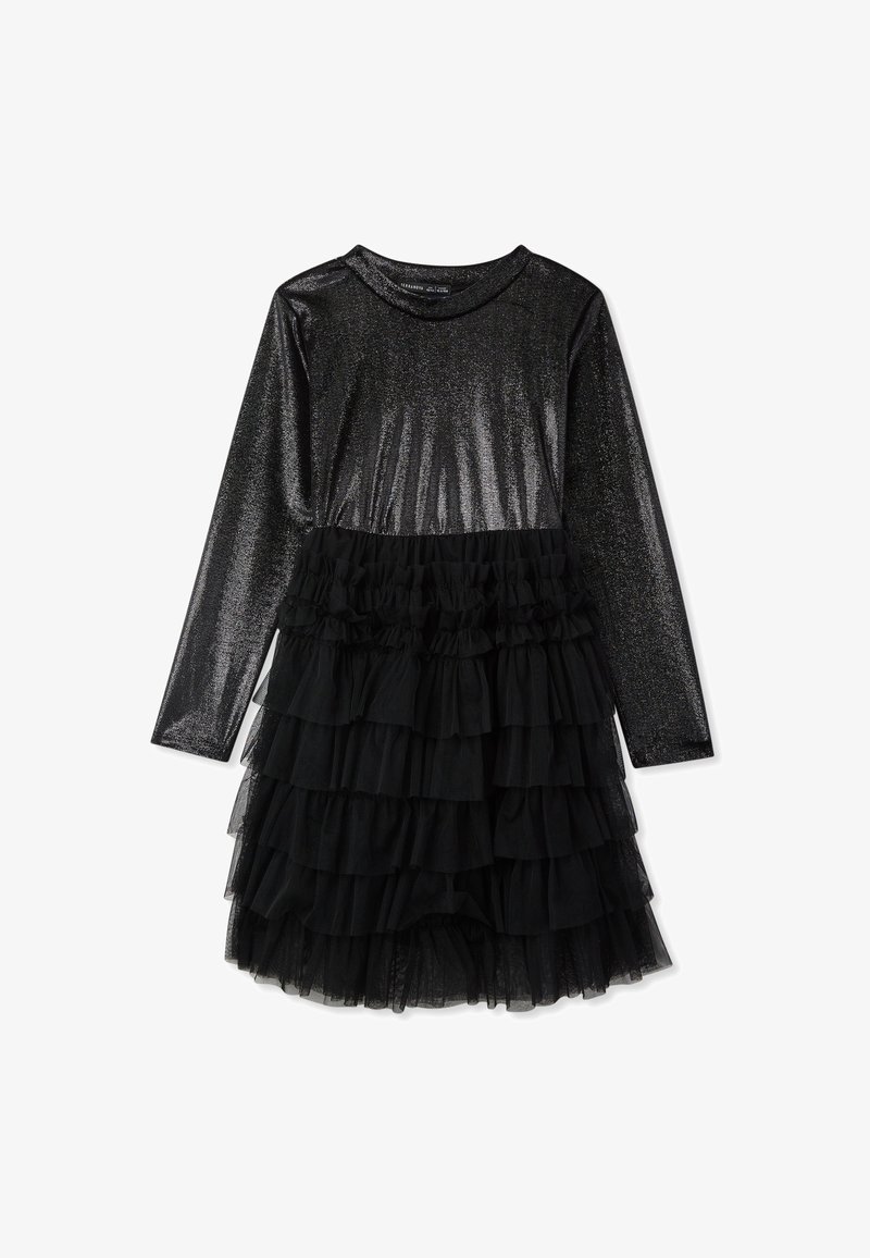 Vestito nero con maniche lunghe, caratterizzato da una parte superiore glitterata e una gonna a balze in tulle, che crea un aspetto strutturato.