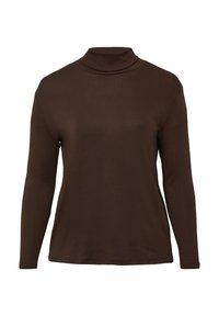 Braunfarbener Langarm-Pullover mit Rollkragen aus glattem, figurbetontem Stoff und schlichtem Design, präsentiert auf einem weißen Hintergrund.