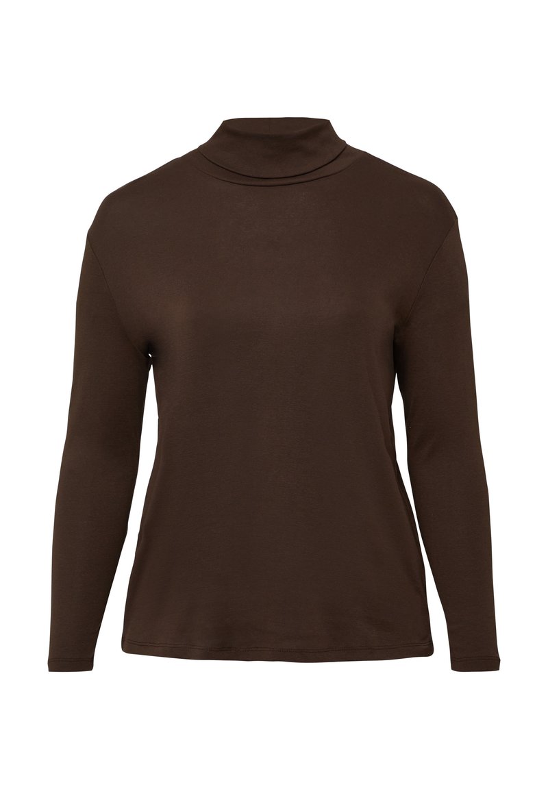 Braunfarbener Langarm-Pullover mit Rollkragen aus glattem, figurbetontem Stoff und schlichtem Design, präsentiert auf einem weißen Hintergrund.
