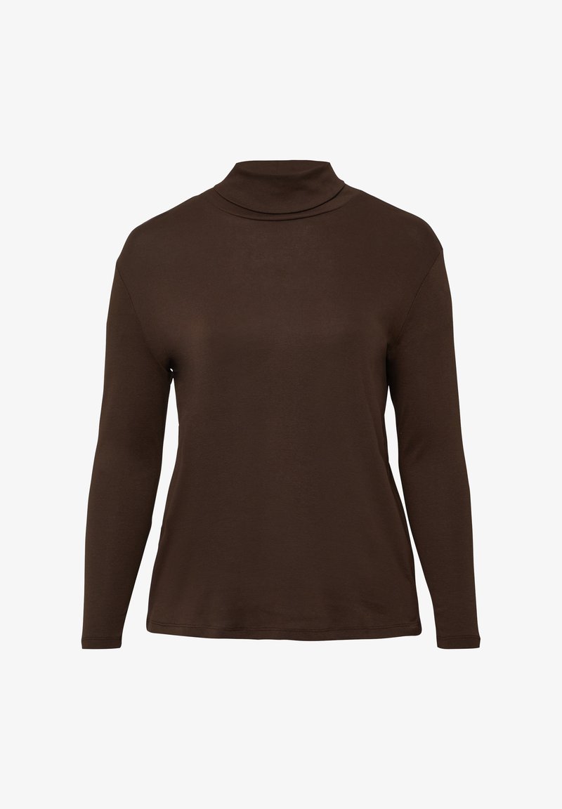 Braunfarbener Langarm-Pullover mit Rollkragen aus glattem, figurbetontem Stoff und schlichtem Design, präsentiert auf einem weißen Hintergrund.
