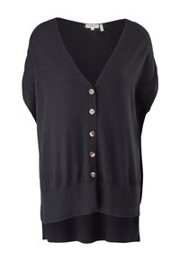 Svart cardigan med V-ringning, korta ärmar och sex bruna knappar fram. Har en lös passform och en längre bakre fåll. Mjuk stickad textur.