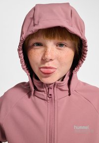 Helle rosa Kapuzenjacke mit hohem Kragen, Reißverschluss und geraffter Kapuze. Sanfte Textur, mit einem kleinen Logo auf der Brust.