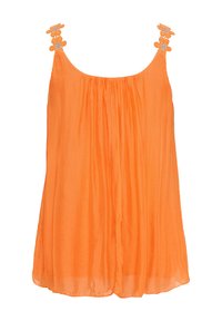 Orange ærmeløs top lavet af letvægtsstof, med et sammensyningsdesign, og blomsterdekorerede stropper med pynt.
