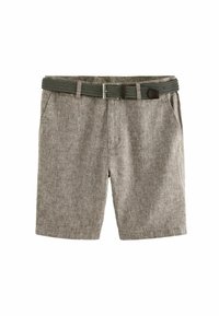 Pantalones cortos de lino grises con un cinturón tejido en blanco y negro. Tiene dos bolsillos laterales y una textura suave. Corte clásico y entallado.