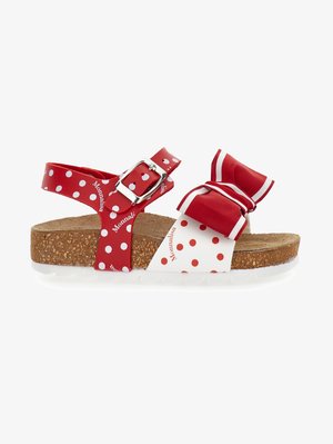 Pöttyös, piros és fehér szandálok parafa talppal; állítható pánttal, fémcsattal és dekoratív masnival.
