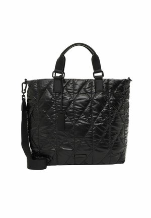 Czarna pikowana torba typu tote z dwoma krótkimi uchwytami, odpinanym paskiem na ramię i zapięciem na zamek.