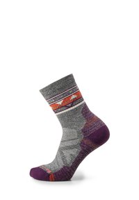 Gray patterned sock featuring a purple heel and toe, with an orange and white geometric design around the top cuff. Medium height.