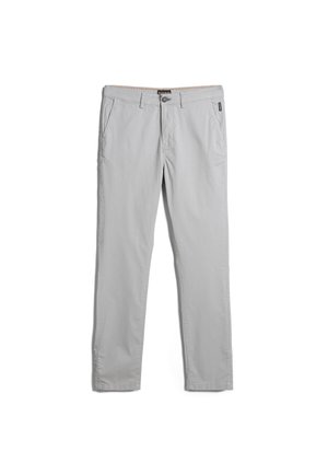 Lichtgrijze chinos van katoen twill, met zijzakken, een knoopsluiting en een recht toelopende pijp. Glad textuur, geen zichtbare patronen.