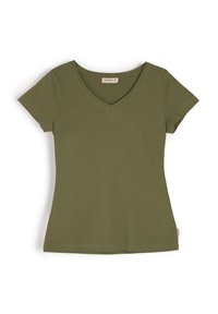 Oliwkowy t-shirt z krótkim rękawem i dekoltem w kształcie litery V, wykonany z miękkiej bawełny, z prostym obszyciem i małą metką z logo z boku.