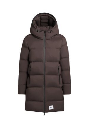 Brown puffer jacket with a hood, featuring a front zipper, two side zip pockets, and a logo patch at the bottom. Textured, insulated fabric.