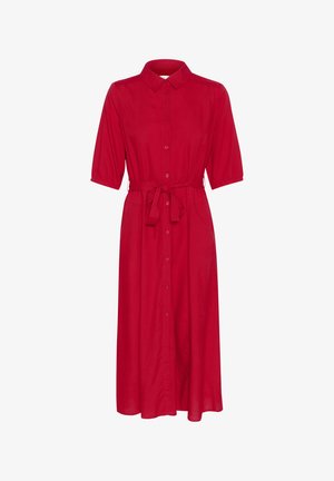 Rotes knöpfbares Kleid mit Kragen, kurzen Ärmeln, einem Taillengürtel und einem fließenden, mittel langen Rock. Hergestellt aus einem glatten Stoff.