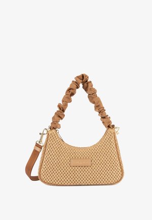 Tan woven handbag with ruched fabric shoulder strap and detachable long strap, gold hardware, and rectangular brand label on front.