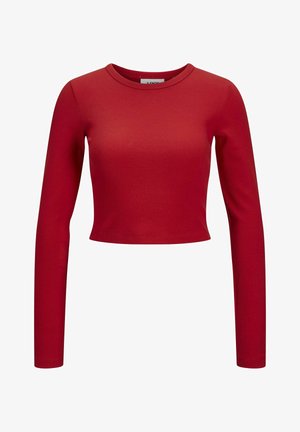 Red long-sleeve crop top made of ribbed fabric with a round neckline and fitted silhouette. Smooth texture with no visible patterns or accents.