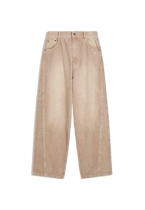Pantaloni a gamba larga in corduroy beige con righe verticali, dotati di tasche frontali, passanti per la cintura e chiusura con zip e bottone.