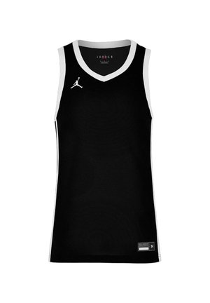 Czarna koszulka do koszykówki bez rękawów z białym wykończeniem, małym białym logo Jumpman na piersi i metką z rozmiarem w dolnym prawym rogu.