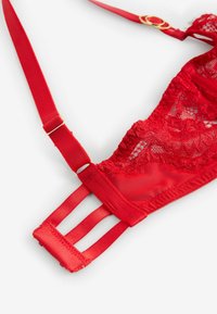 Roter Spitzen-BH-Träger und Rückenverschluss mit drei Hakenverschlüssen auf weißem Hintergrund.