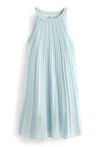 Vaaleansininen laskostettu mekko, jossa ei ole hihoja, ja joka on koristeltu hennolla pystylaskoksilla sekä pyöreällä pääntiellä. Valmistettu pehmeästä, valuvaasta kankaasta.