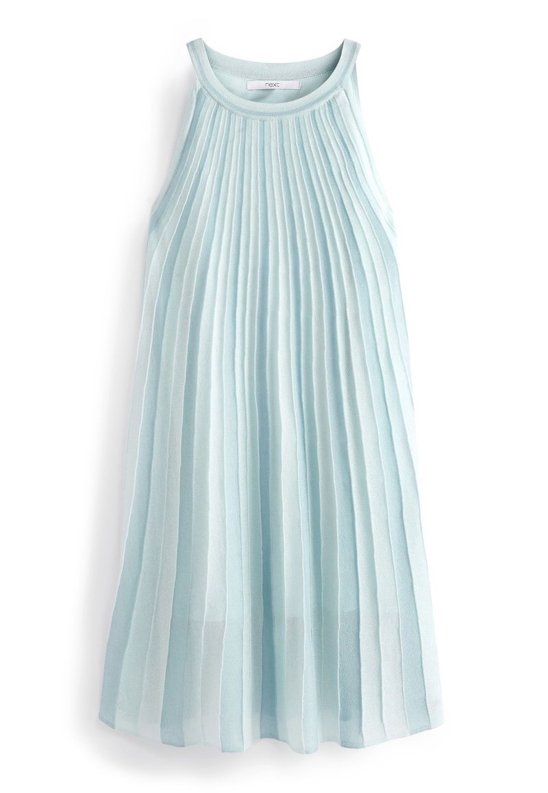 Vaaleansininen laskostettu mekko, jossa ei ole hihoja, ja joka on koristeltu hennolla pystylaskoksilla sekä pyöreällä pääntiellä. Valmistettu pehmeästä, valuvaasta kankaasta.