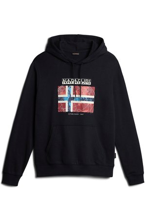 Sudadera negra con un gráfico de la bandera de Noruega en colores rojo, azul y blanco, y el texto "NAPAPIJRI ESTABLECIDO 1987" arriba.