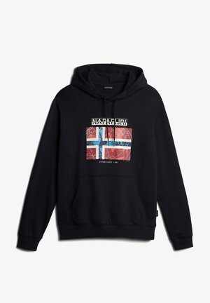 Sudadera negra con un gráfico de la bandera de Noruega en colores rojo, azul y blanco, y el texto "NAPAPIJRI ESTABLECIDO 1987" arriba.