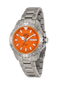 Orologio in acciaio inossidabile con quadrante arancione, indicatori delle ore bianchi in evidenza e movimento automatico. Include la visualizzazione della data e resistenza all'acqua fino a 1000 metri.