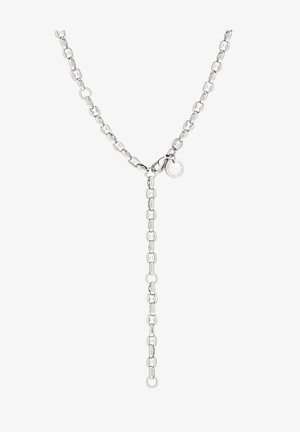 Silver chain necklace with elongated links, featuring a central drop design and a circular tag with branding. Smooth metal finish.