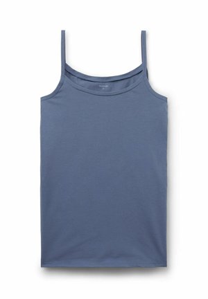 Modrý tílko vyrobené z jemné bavlny, se tenkými ramínky, obdélníkovým výstřihem a rovním lemem. Hladká struktura s minimálními detaily.