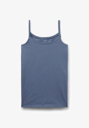 Modrý tílko vyrobené z jemné bavlny, se tenkými ramínky, obdélníkovým výstřihem a rovním lemem. Hladká struktura s minimálními detaily.