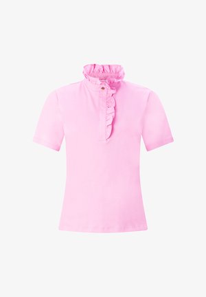 Rožinė trumpomis rankovėmis palaidinė su raukšlėtu aukštu apykakliu ir raukšlėtu sagotu priekiniu viduriniu siūlu.