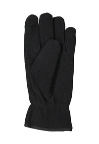 Sorte fleecehandsker med fem fingre, glat tekstur og ingen synlig hardware. Stropperne er tætsiddende med et forstærket håndledsområde.