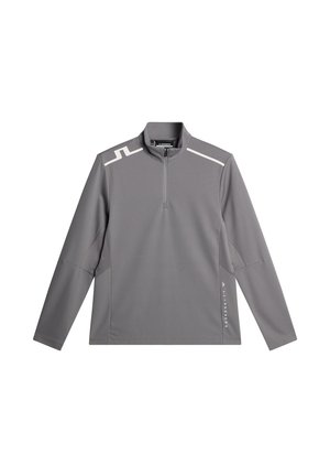 Pullover grigio a maniche lunghe con zip a quarti e colletto alto, con dettagli bianchi sul petto e logo lungo il lato.