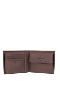 Cartera de cuero marrón con múltiples ranuras para tarjetas, un bolsillo para monedas y marca en relieve. Presenta una textura suave y un diseño minimalista.