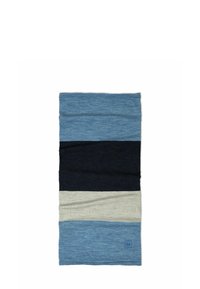 Textile accessory featuring alternating vertical stripes in navy, light gray, and two shades of blue, with a soft, textured fabric finish.