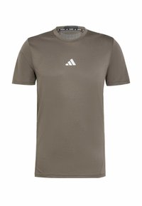 Olivgrünes, kurzärmliges Trainingsshirt aus glattem, leichtem Stoff. Hat ein weißes Adidas-Logo auf der Brust und einen Rundhalsausschnitt.