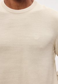 Jersey beige de punto con cuello redondo y patrón texturizado. Detalle sutil del logo visible en el frente. Textura de tela suave.