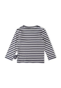Langärmliges Shirt mit blauen und weißen Horizontalstreifen, weichem Stoff, rundem Ausschnitt und einem Etikett auf der linken Seite.