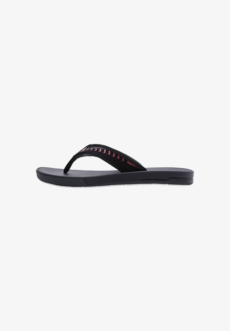 Black flip-flop sandal with a textured strap and red accents, featuring a cushioned sole and a contoured footbed for comfort.