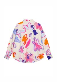 Chemise à manches longues en tissu crème avec un motif floral coloré dans les tons rose, violet et orange. Comprend des poignets à boutons et un ourlet arrondi.