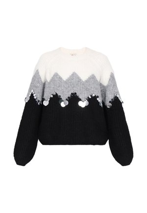 Maglione lavorato a maglia con un design a blocchi di colore composto da sezioni bianche, grigie e nere. Paillettes decorative contornano l'area grigia. Vestibilità ampia e maniche lunghe.