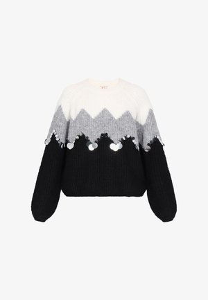 Jersey de punto con un diseño de bloques de color en secciones blanca, gris y negra. Lentejuelas decorativas contornean la zona gris. Corte holgado y mangas largas.