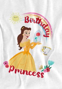 Yellow dress illustration with a character holding a glass dome containing a rose. Text reads "Birthday Princess" with flowers and a cup.