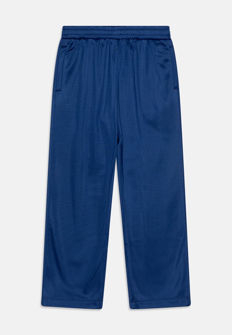 Navy blue athletic pants with an elastic waistband, two side pockets, loose fit, and a smooth, lightweight fabric texture.