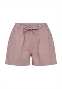 Lysrosa, teksturerede shorts med elastisk talje og snørebånd. Simpelt design med sidelommer, velegnet til afslappet brug.