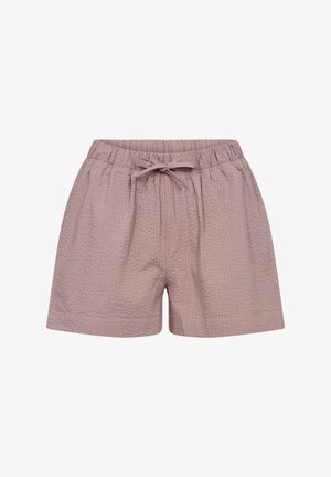 Lysrosa, teksturerede shorts med elastisk talje og snørebånd. Simpelt design med sidelommer, velegnet til afslappet brug.