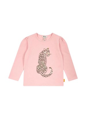 Pink long-sleeve toddler shirt with puffed shoulders and a graphic of a sitting leopard with spots on the front.