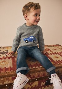 Ljusgrå stickad tröja med blå bildesign, blå jeans och vita sneakers. Stickad struktur och ribbad halsringning syns.